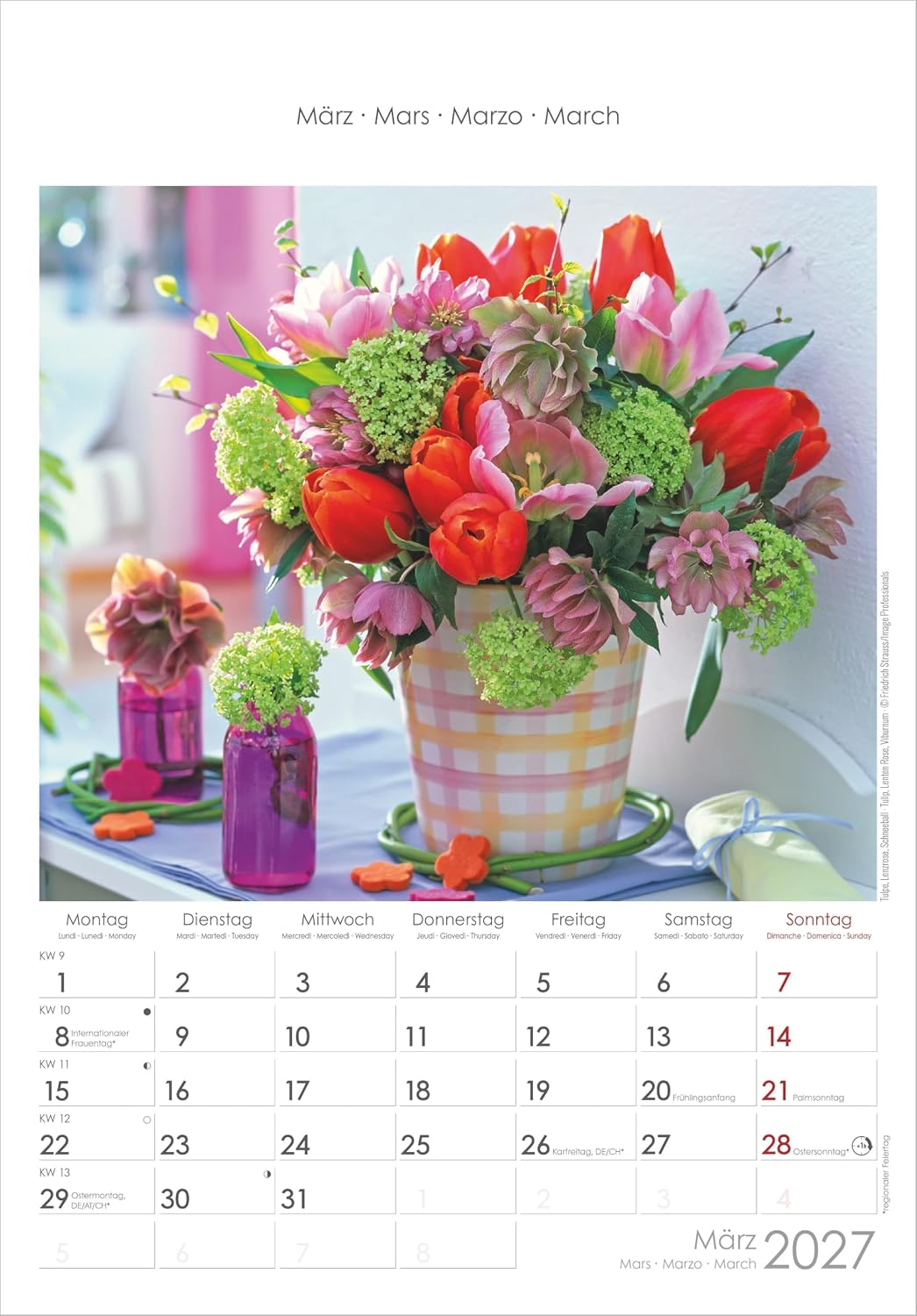 Blumen 2027: Wandkalender 23,7x34 cm mit 12 Blumenarrangements, 4-sprachigem Kalendarium und Platz für Notizen – Bild 3