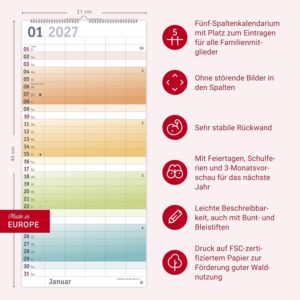 Bunte Wochen Familienplaner 2027: Praktischer Wandplaner mit 5 Spalten. Familien Wandkalender mit Schulferien und 3-Monats-Ausblick aufs Folgejahr. Terminkalender 2027. – Bild 14