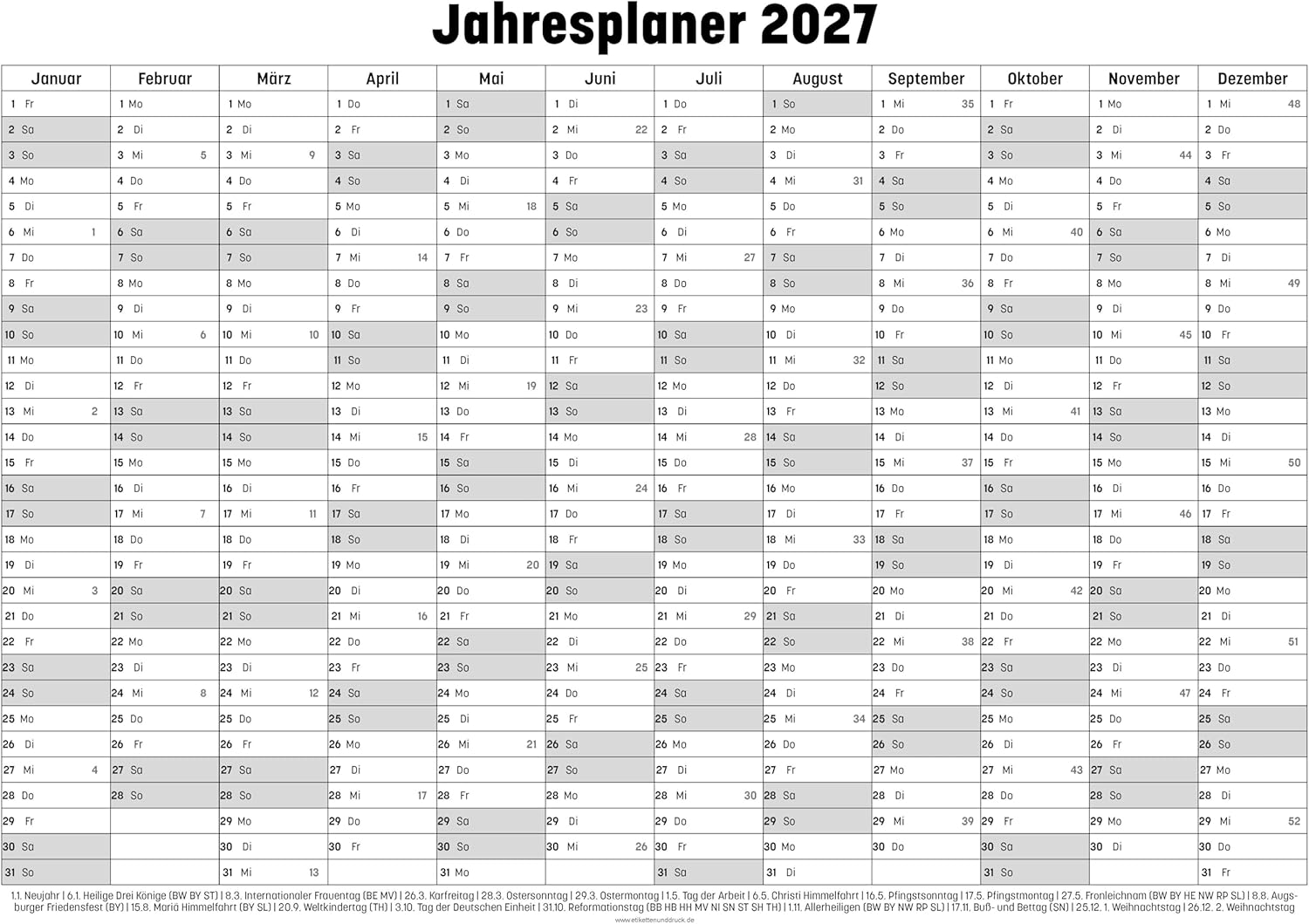 Year Planner 2027, Calendar in A1 Format (841 x 594 mm), A2 (594 x 420 mm), A3 (420 x 297 mm) or A4 (297 x 210 mm) Wall Planner with Space for Labels such as Birthdays and Appointments (DIN A4 (297 x 210 mm))