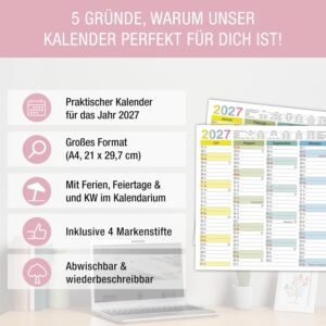 TOBJA® Blackboard Calendar 2027 Wipe-Clean - Wall Calendar 2027 A4 Colourful Includes 4 Pens - with Holidays, Holidays & KW, Rewritable Extra Thick Paper Calendar 2027 A4 Wipe-Clean – Bild 2