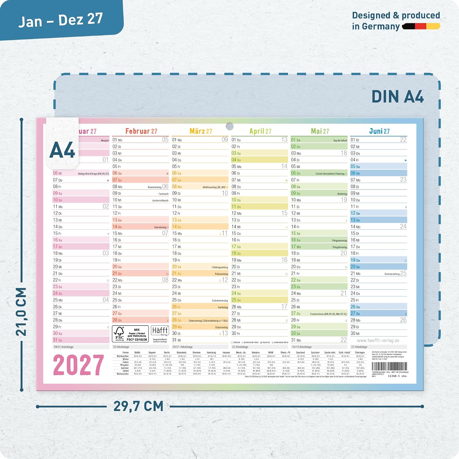 Häfft® Premium Chalkboard Calendar 2027 A4 Landscape with Holidays – Bild 3
