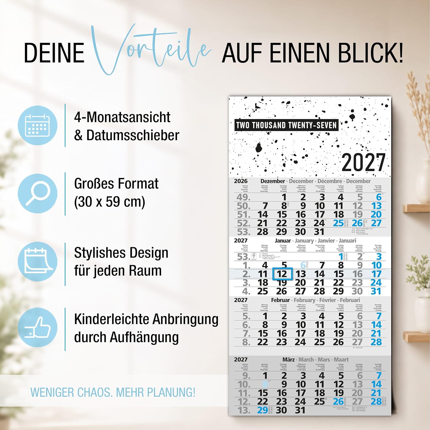 TOBJA® 4 Month Calendar 2027 Wall Calendar Design - Splatter Look with Blue Date Slider, FSC-Certified, 4 Languages DE/EN/FR/NL, 30 x 59 cm, for Office, Sales & Home Office – Bild 2