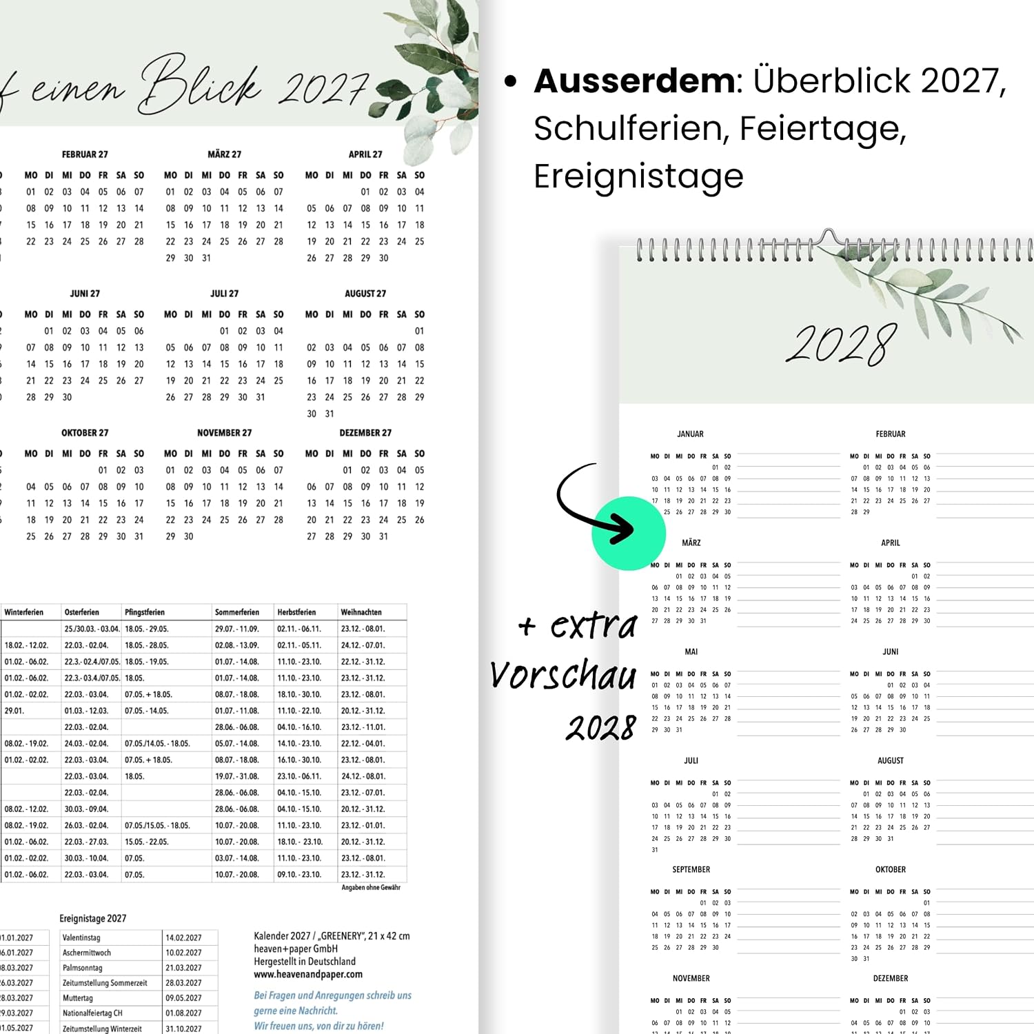 heaven+paper Familienkalender 2027 3 Spalten Green Kalender 2027 (21x42cm) – Bild 9