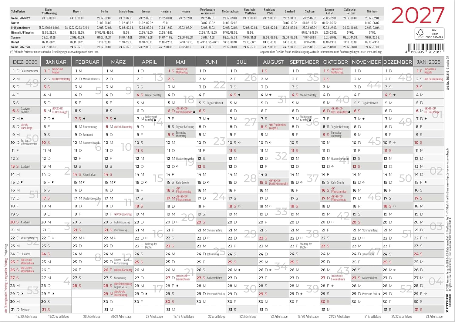 Blackboard calendar A4 one-sided 2027