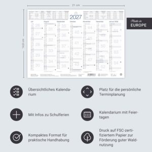 Tafelkalender A5 2027: Praktischer und neutraler Jahresplaner für den Schreibtisch oder die Wand. Terminplaner im kompakten Format mit Vorder- und Rückseite. Schlichter Jahres-Überblick – Bild 3