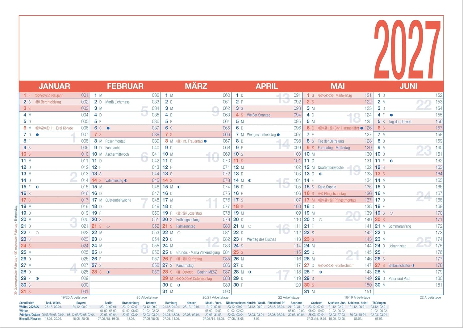 A4 2027 Laminated Working Day Calendar