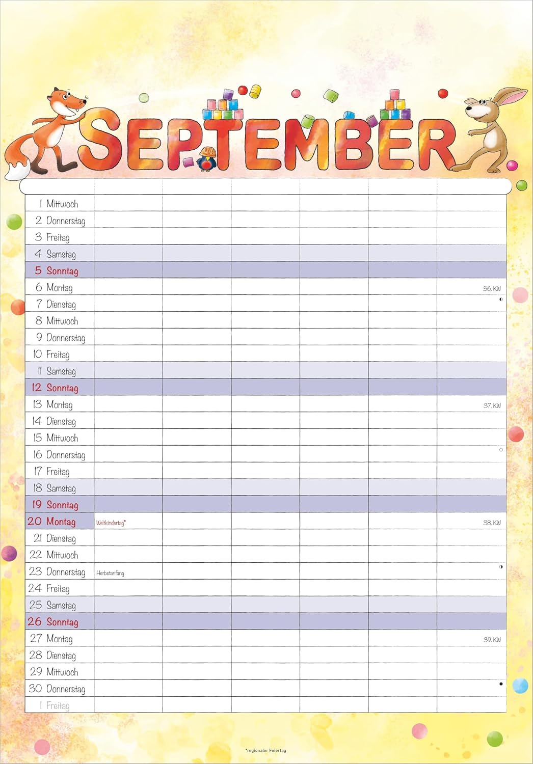 Family Planner Cartoon 2027: Family Calendar 23.7 x 34 cm with 6 Columns, Holiday Overview, German Calendar & Cartoon Illustrations, Ideal for Family Organisation – Bild 6