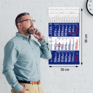 TOBJA® 3 Month Calendar 2027 Wall Calendar Blue - With Red Date Slider, FSC Certified, School Holidays and Holidays - Ideal for Office and Family | Quarterly Calendar Wall 30 x 56 cm – Bild 4