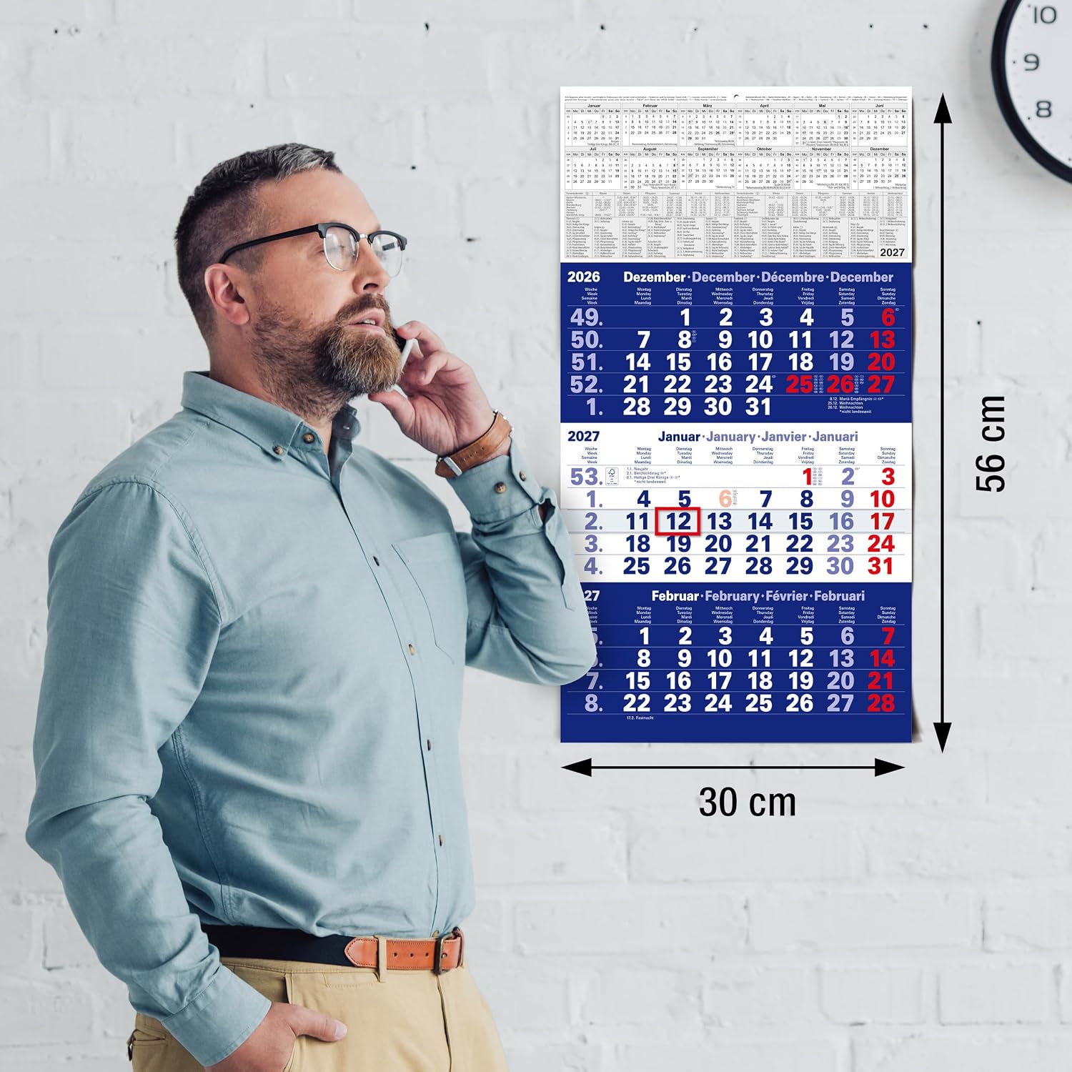 TOBJA® 3 Month Calendar 2027 Wall Calendar Blue - With Red Date Slider, FSC Certified, School Holidays and Holidays - Ideal for Office and Family | Quarterly Calendar Wall 30 x 56 cm – Bild 4