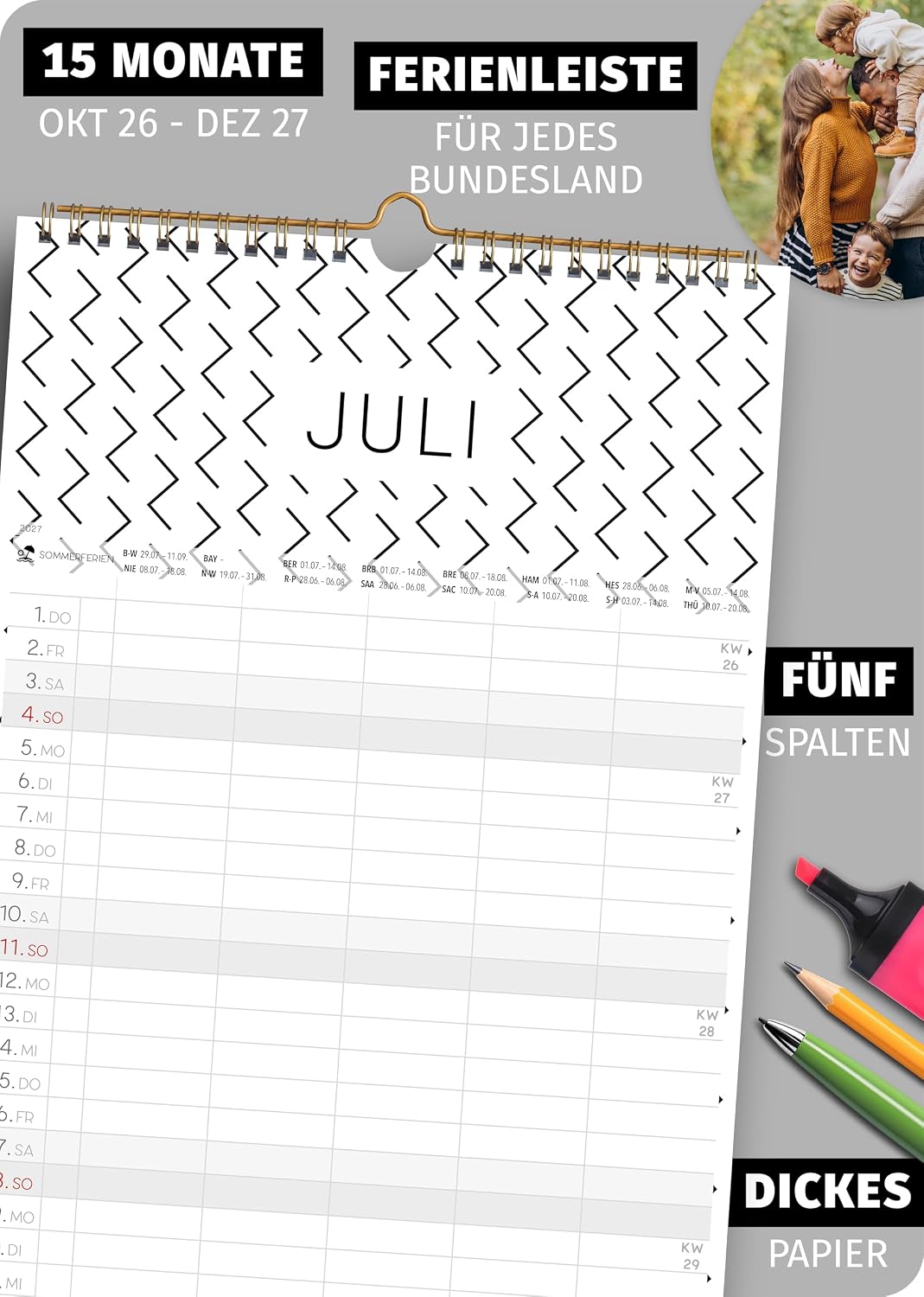 Schöne Güter® Family Calendar 2027 Family Planner 5 Columns with Stickers Holidays Black White Calendar 23 x 43 cm Black White Design Planner Wall Calendar 5 Columns Bold Text & Graphic – Bild 3