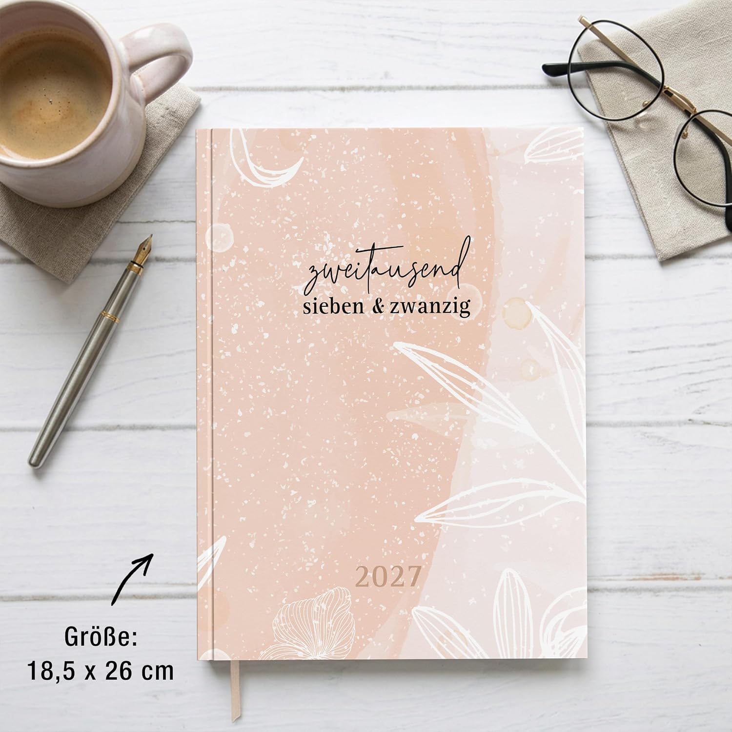 TOBJA® Book Calendar 2027 OptiPlaner Rosé - Watercolour Design Dusky Pink, 30 Minutes Stroke 7-21 o'clock, Weekly Planner Between A5 & A4 (18.5 x 26 cm), FSC, 4 Languages | Diary 2027 Women – Bild 4