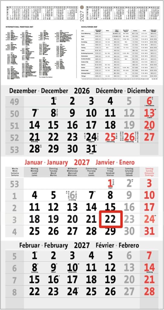 3-Month Calendar 2027 Office Calendar Wall Planner 450 x 235 mm Three Month Calendar Small