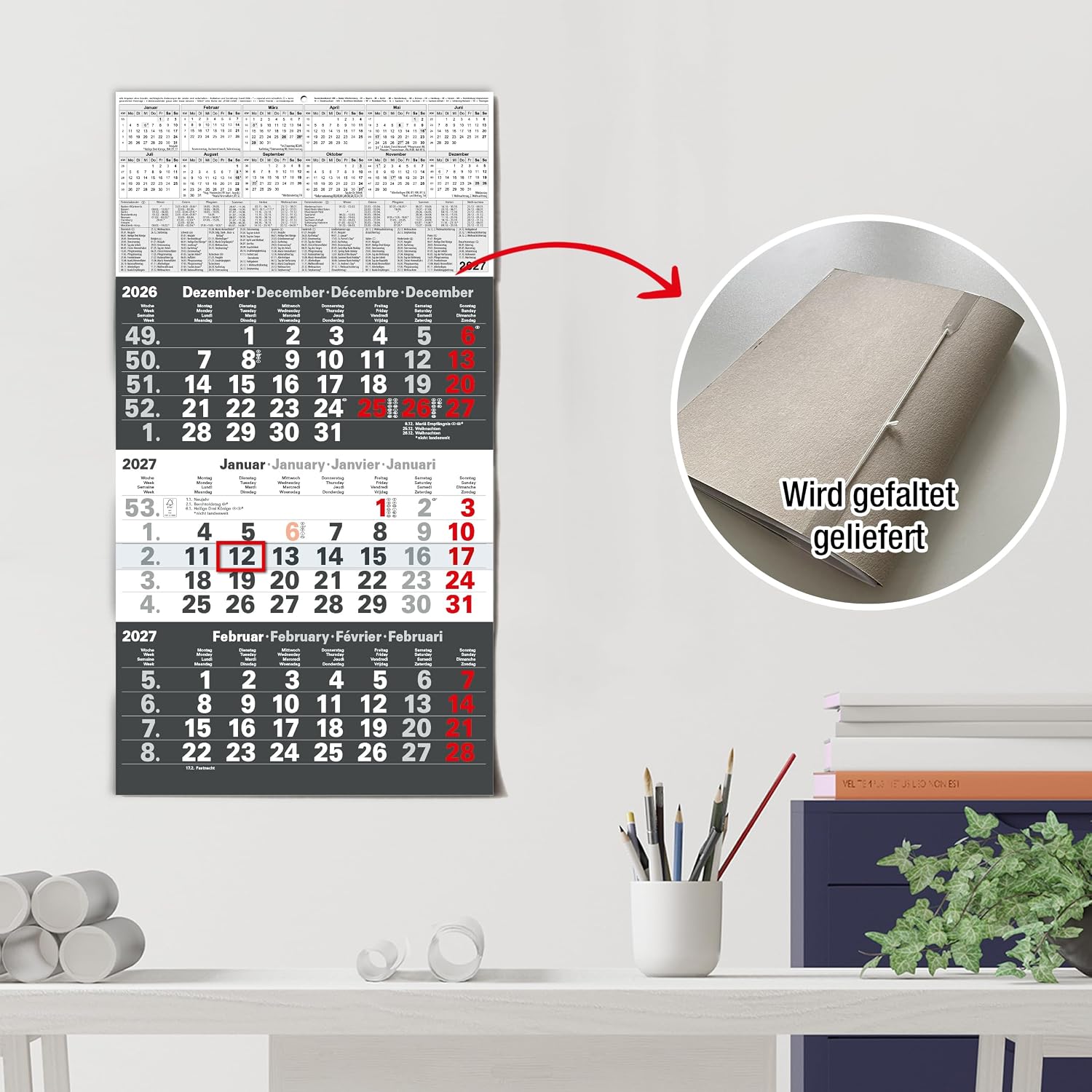 TOBJA® 3 Month Calendar 2027 Wall Calendar Anthracite - With Red Date Slider, FSC Certified, School Holidays and Holidays - Ideal for Office and Family | Quarterly Calendar Wall 30 x 56 cm – Bild 8