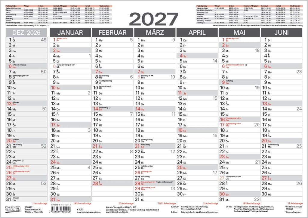 Tafelkalender A3 2027: 14 Monate auf Vorder- und Rückseite I Ferientermine und Feiertage