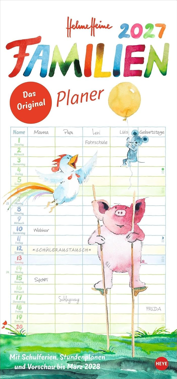 Helme Heine: Familienplaner 2027: Familienkalender mit 5 Spalten. Liebevoll illustrierter Familien-Wandkalender mit Schulferien und Stundenplänen.