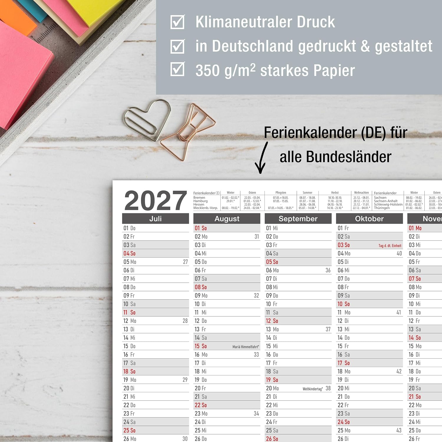 TOBJA® DIN A4 Blackboard Calendar 2027 Anthracite for Office, Law Firm & Architect, Year Planner with Holidays, Holidays & Calendar Weeks, 350 g/m² Paper, Wall Calendar Landscape Format, Set of 3 – Bild 4