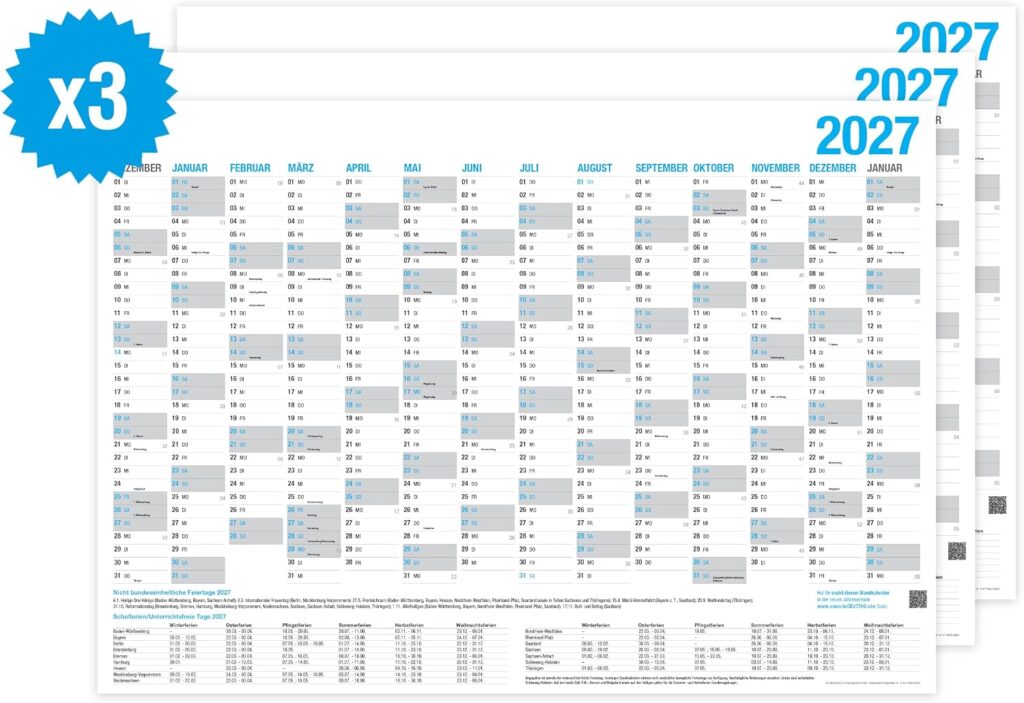 Set of 3 Wall Calendar 2027 – DIN A4 Landscape – Blackboard Calendar, Year Planner, Annual Calendar & Holidays