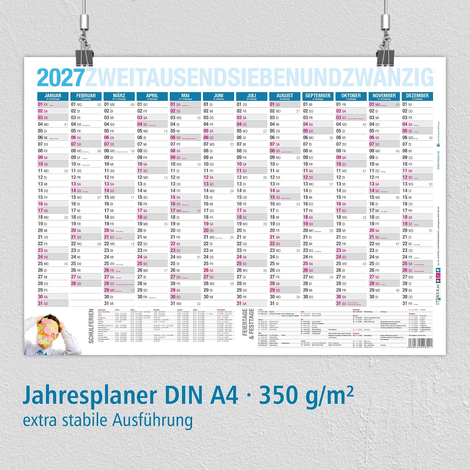 itenga Year Planner 2027 Blackboard Calendar Wall Calendar DIN A4 Sturdy Design Calendar Year – Bild 2