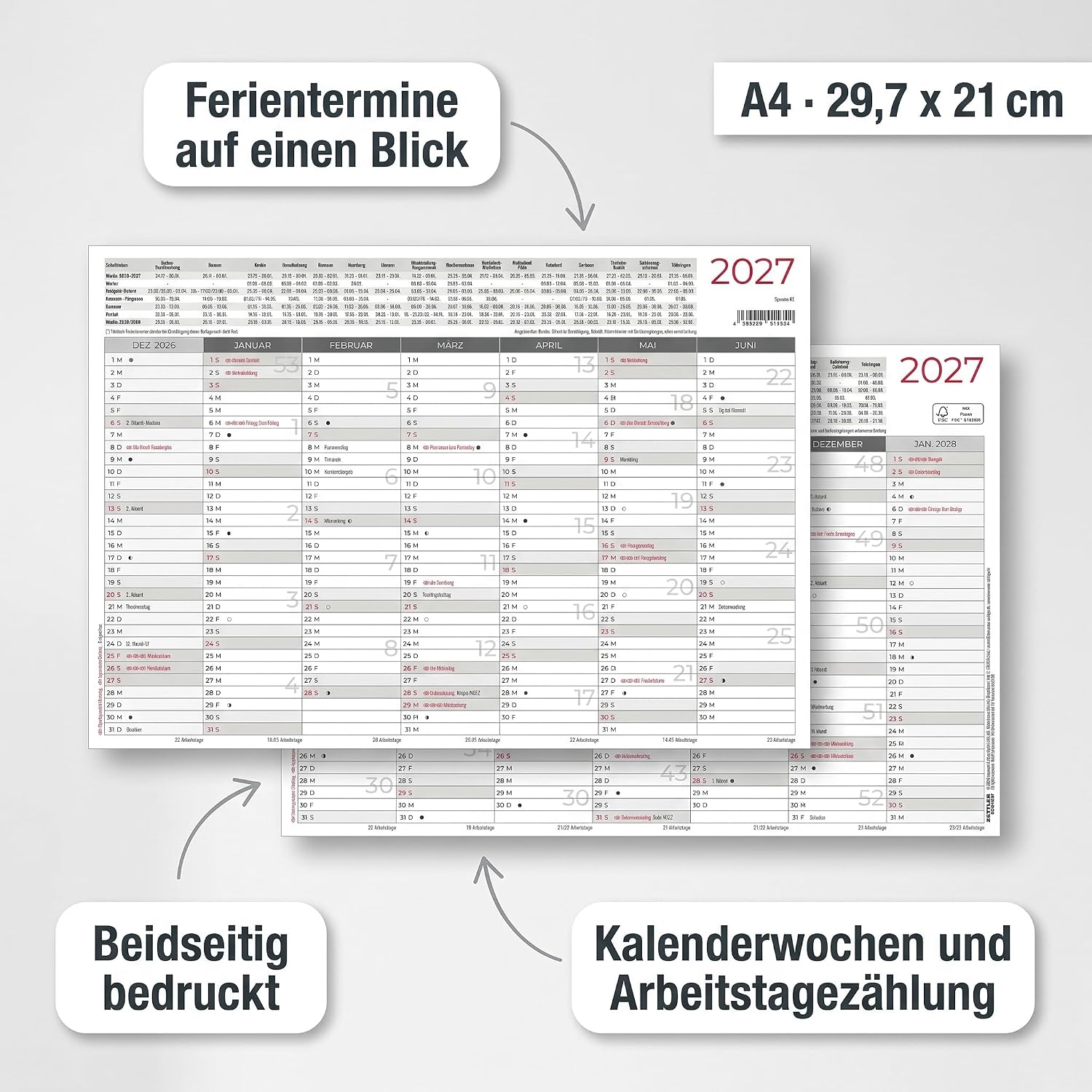 Blackboard Calendar A4 on Both Sides 2027: Yearly Overview 29.7 x 21 cm – Bild 2