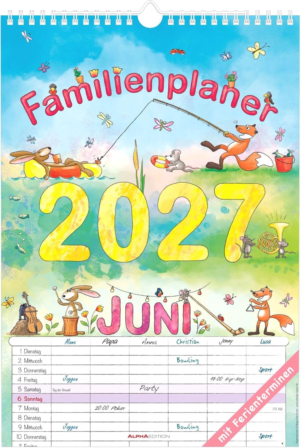 Family Planner Cartoon 2027: Family Calendar 23.7 x 34 cm with 6 Columns, Holiday Overview, German Calendar & Cartoon Illustrations, Ideal for Family Organisation