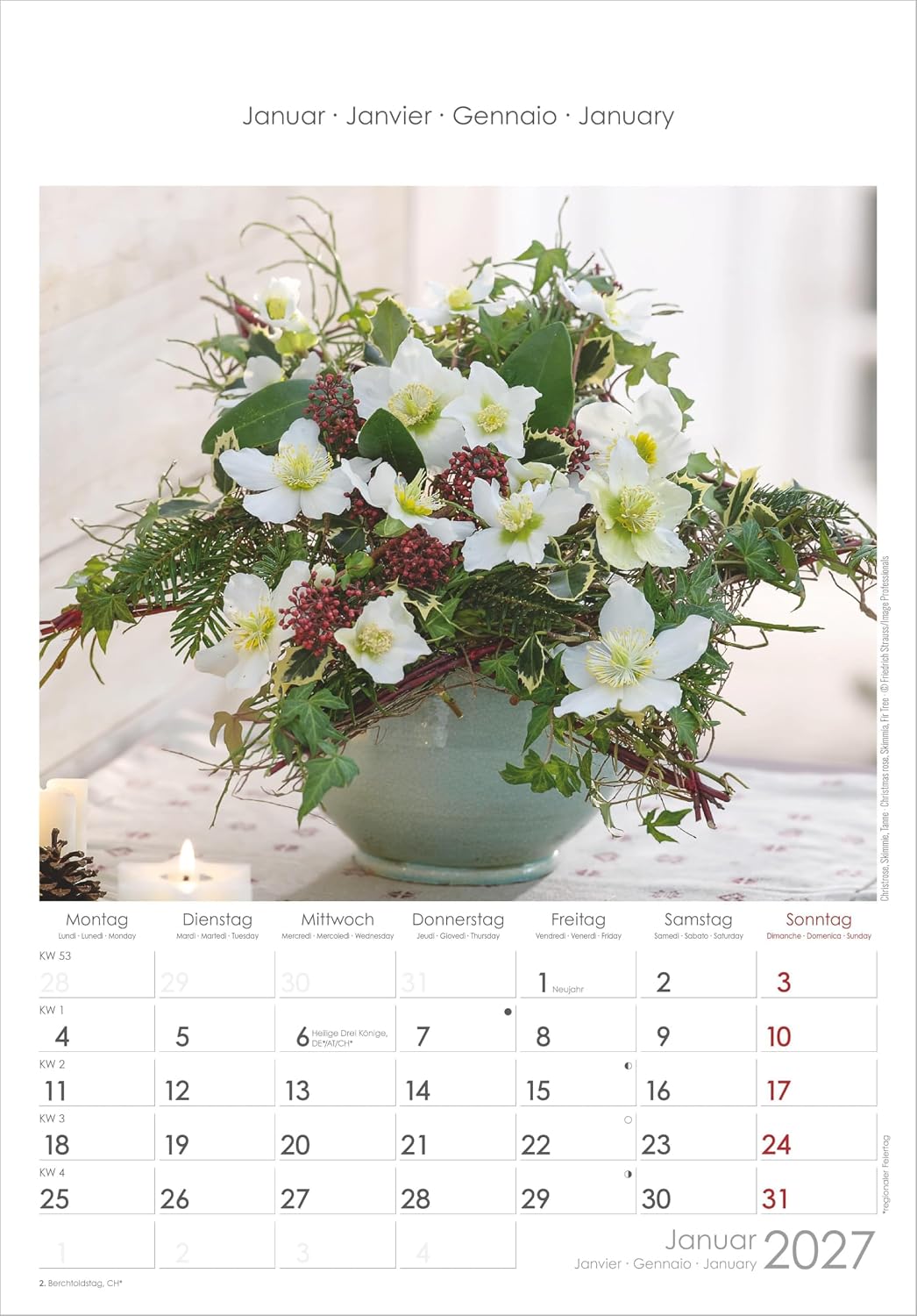Blumen 2027: Wandkalender 23,7x34 cm mit 12 Blumenarrangements, 4-sprachigem Kalendarium und Platz für Notizen – Bild 2