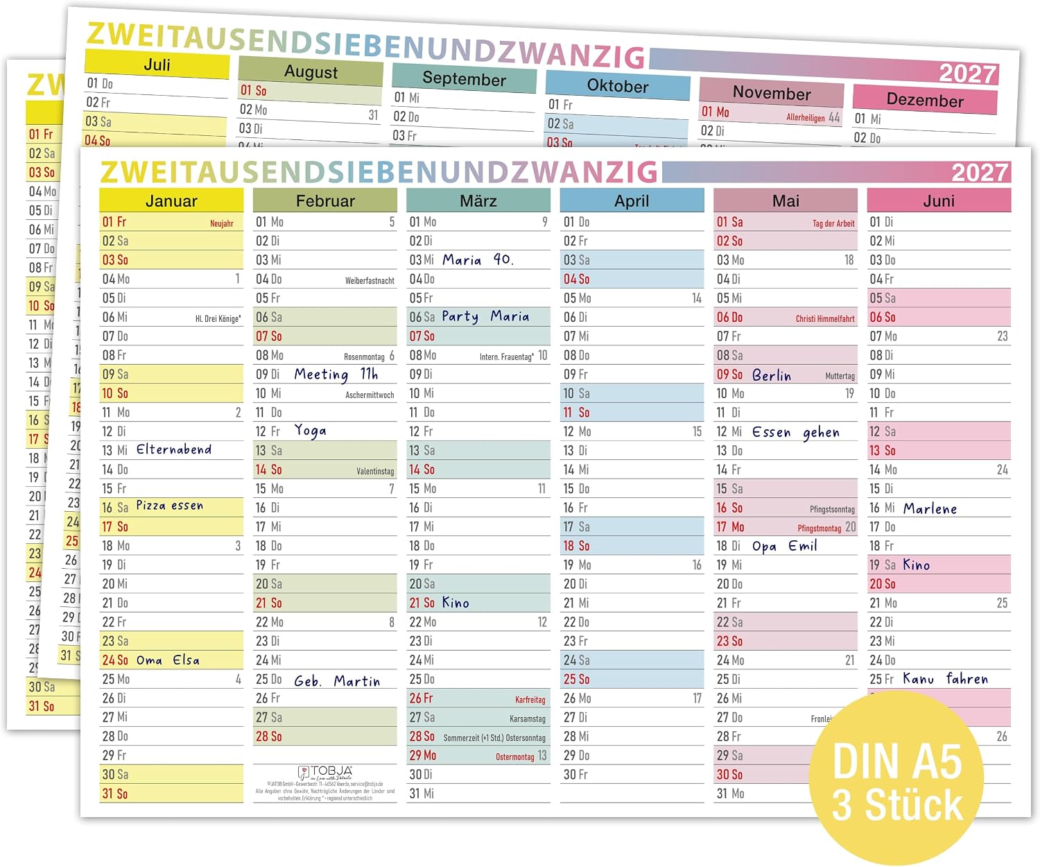 TOBJA® DIN A5 Blackboard Calendar 2027 Colourful for Mobile Planning & Small Desks - with Holidays, Holidays & Calendar Weeks, 350 g/m² | Sheet Calendar 12 Months on Front and Back