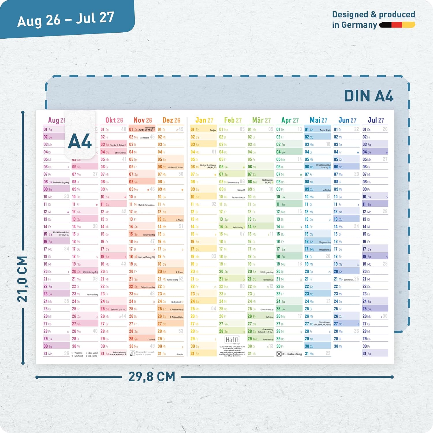Häfft® Pack of 5 Wall Calendar School Year 2026 2027 A4 Landscape "Rainbow" – Bild 3
