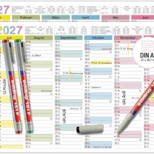 TOBJA® Blackboard Calendar 2027 Wipe-Clean - Wall Calendar 2027 A4 Colourful Includes 4 Pens - with Holidays, Holidays & KW, Rewritable Extra Thick Paper Calendar 2027 A4 Wipe-Clean