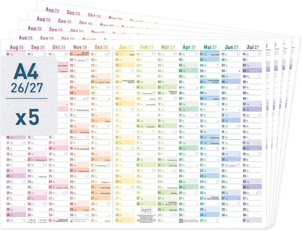 Häfft® Pack of 5 Wall Calendar School Year 2026 2027 A4 Landscape "Rainbow"
