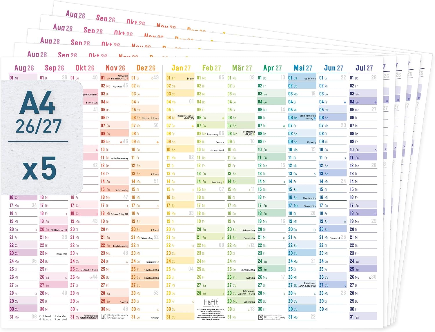 Häfft® Pack of 5 Wall Calendar School Year 2026 2027 A4 Landscape "Rainbow"