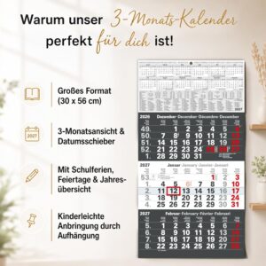 TOBJA® 3 Month Calendar 2027 Wall Calendar Anthracite - With Red Date Slider, FSC Certified, School Holidays and Holidays - Ideal for Office and Family | Quarterly Calendar Wall 30 x 56 cm – Bild 2