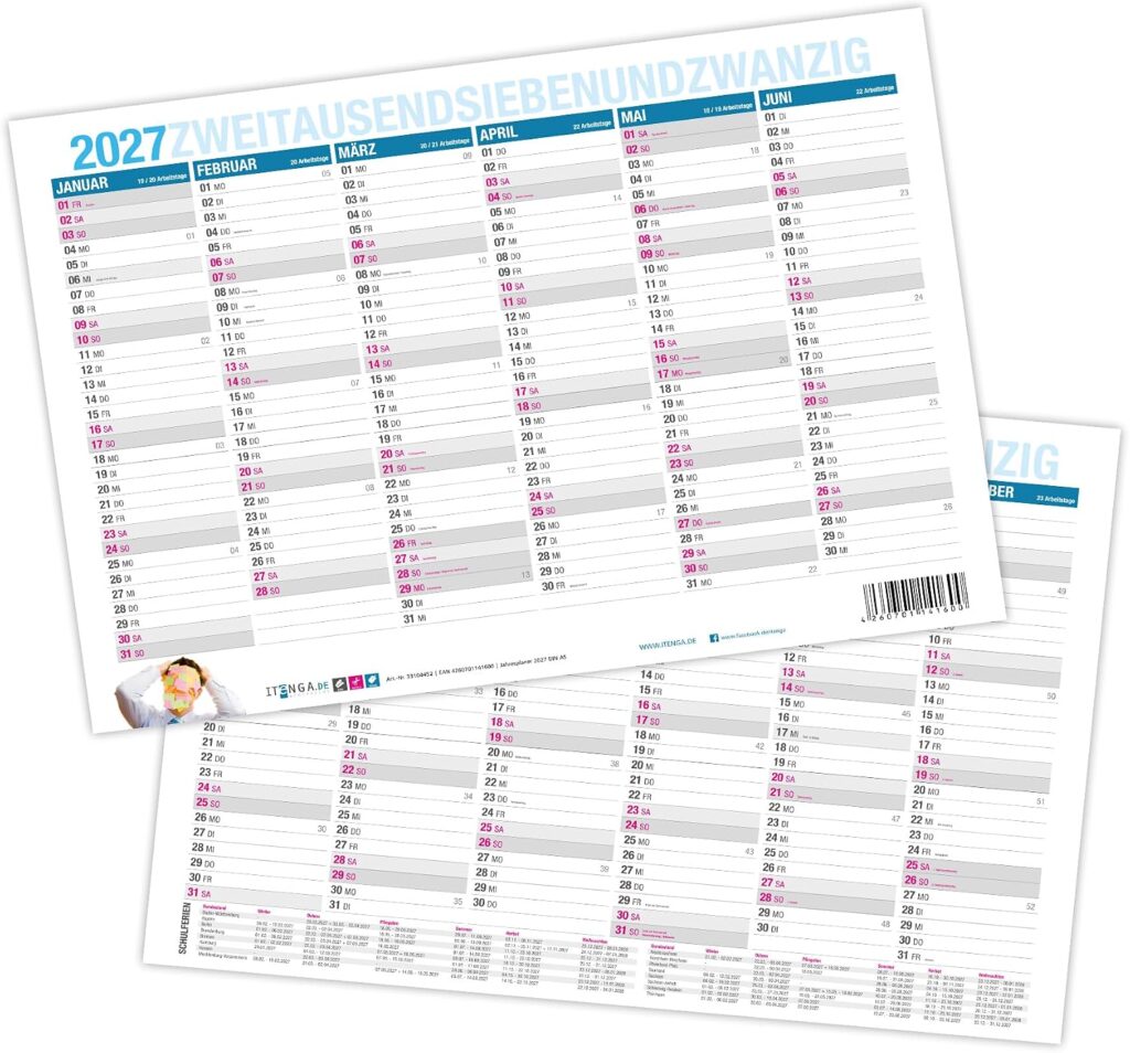 itenga Year Planner Calendar 2027 Blackboard Calendar Wall Calendar Small DIN A5 Sturdy Design – Printed on Both Sides Each Page 6 Months