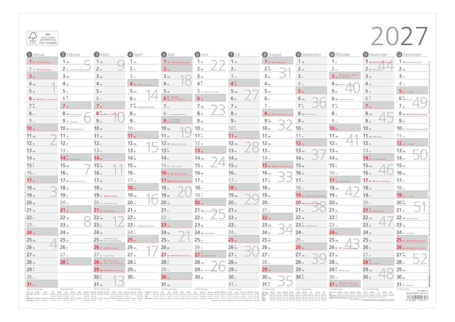 Plano 2027 Yearly Overview A3 12 Month: Poster Calendar 42 x 29.7 cm with 12 Months on 1 Page, Work Days and Week Counting, Holidays, Holidays, Red Marked, Ideal for Office and Home Office