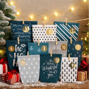 Advent Calendar for Filling, 24 Advent Bags for Crafts, Christmas Calendar to Fill Yourself, Printed Christmas Bags with Number Stickers to Fill Yourself (Blue/Grey) – Bild 7
