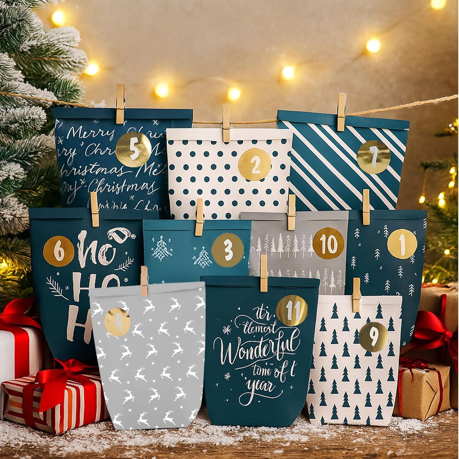 Advent Calendar for Filling, 24 Advent Bags for Crafts, Christmas Calendar to Fill Yourself, Printed Christmas Bags with Number Stickers to Fill Yourself (Blue/Grey) – Bild 7