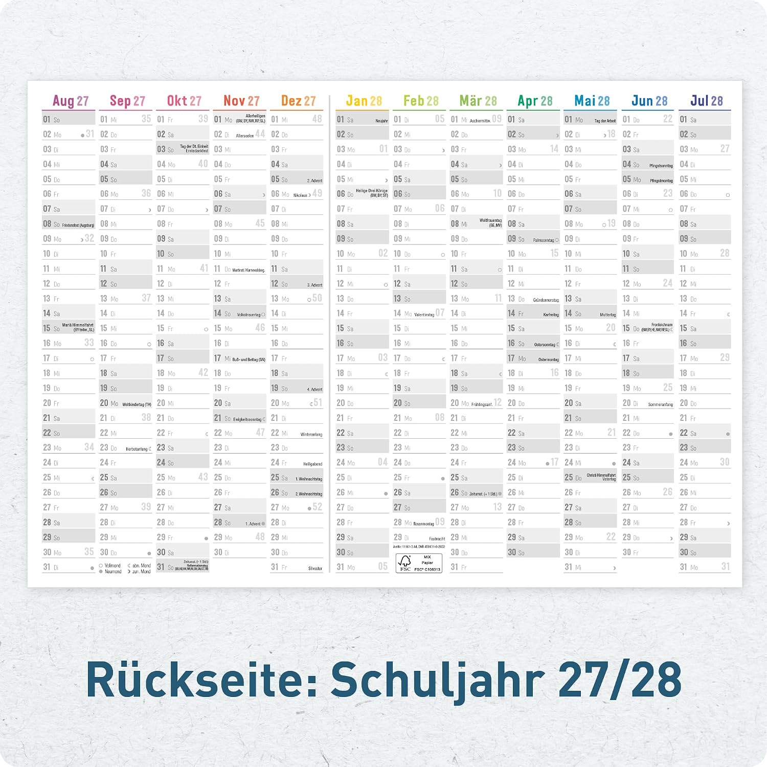 Häfft® Pack of 5 Wall Calendar School Year 2026 2027 A4 Landscape "Rainbow" – Bild 5