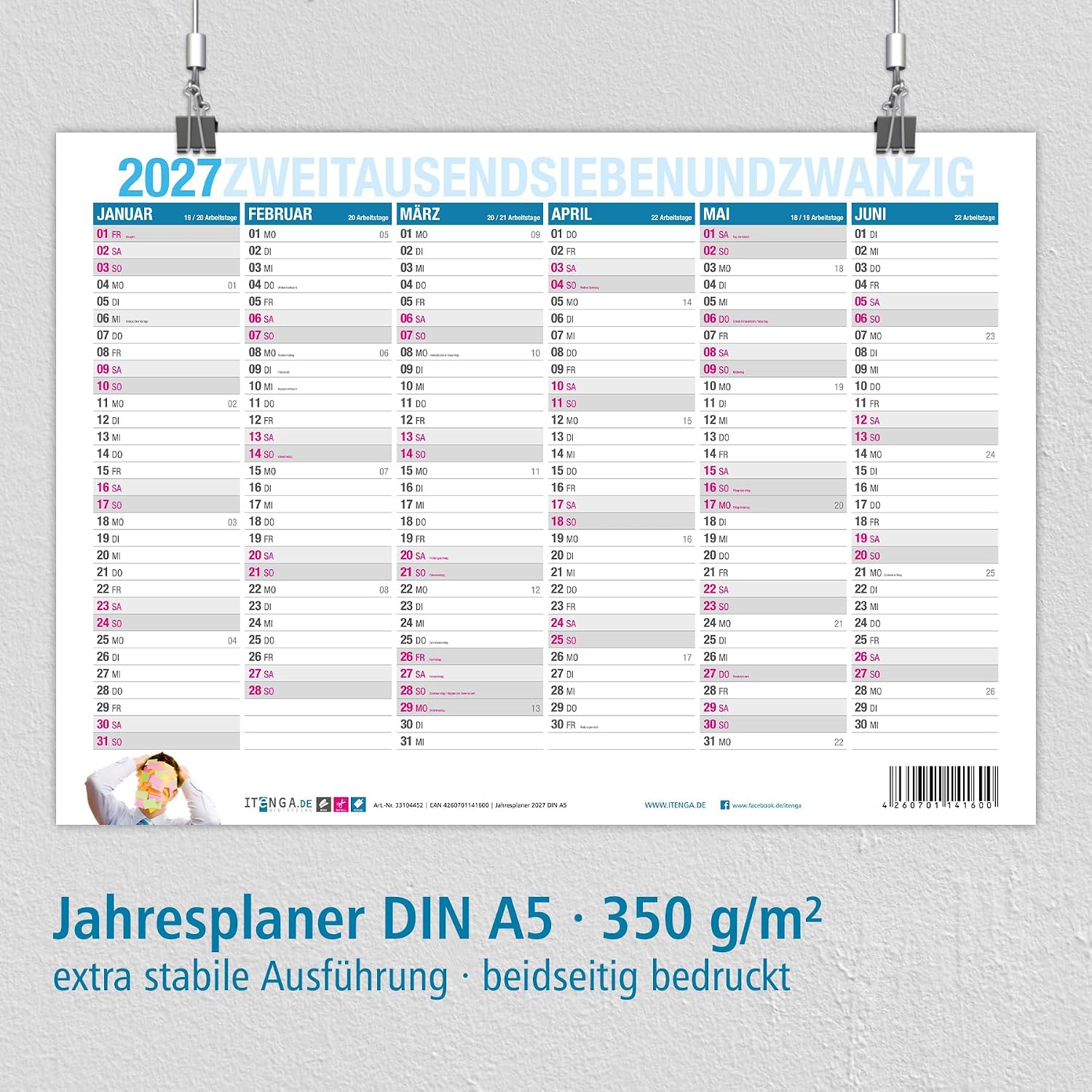 itenga Year Planner Calendar 2027 Blackboard Calendar Wall Calendar Small DIN A5 Sturdy Design – Printed on Both Sides Each Page 6 Months – Bild 2