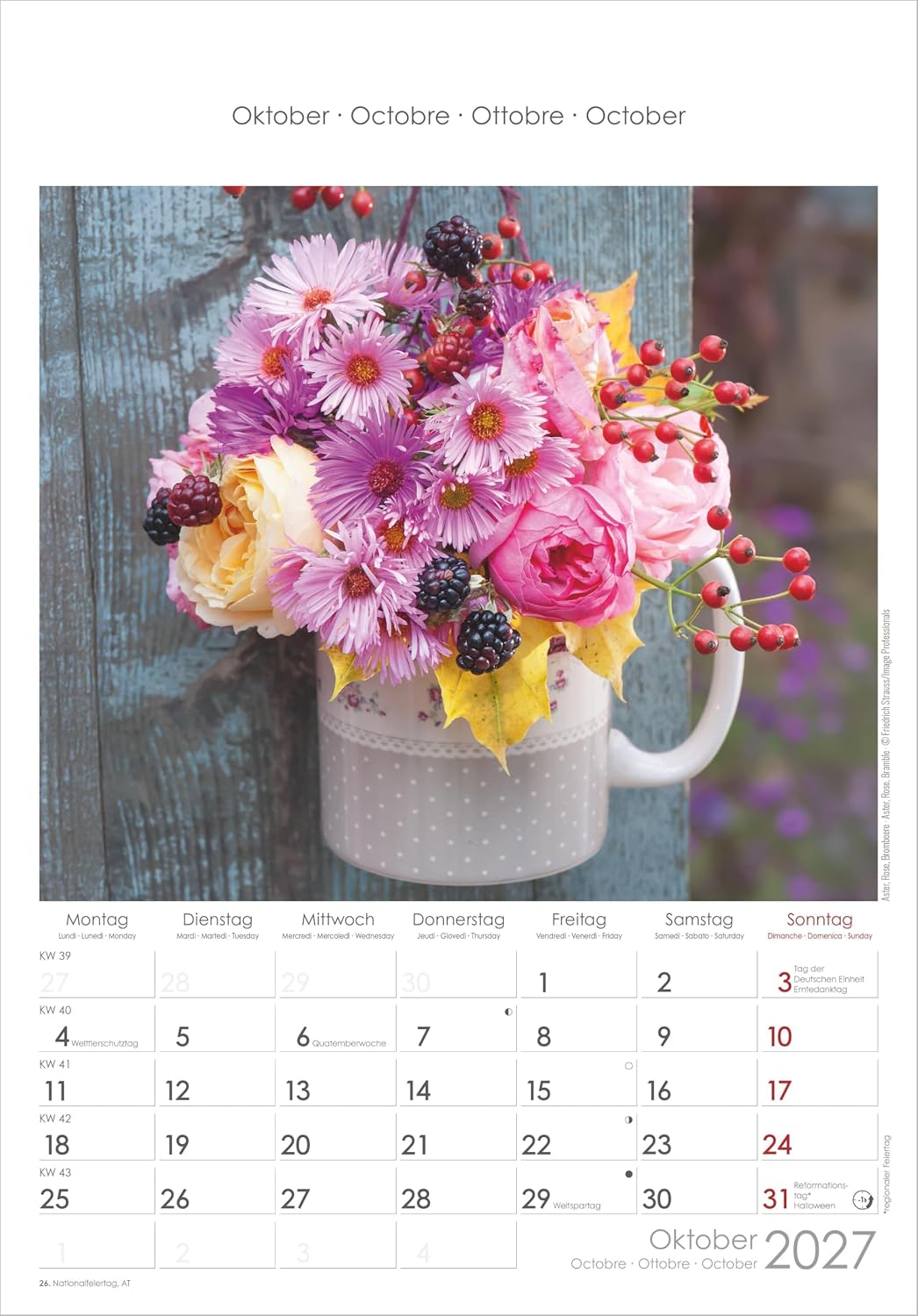 Blumen 2027: Wandkalender 23,7x34 cm mit 12 Blumenarrangements, 4-sprachigem Kalendarium und Platz für Notizen – Bild 7