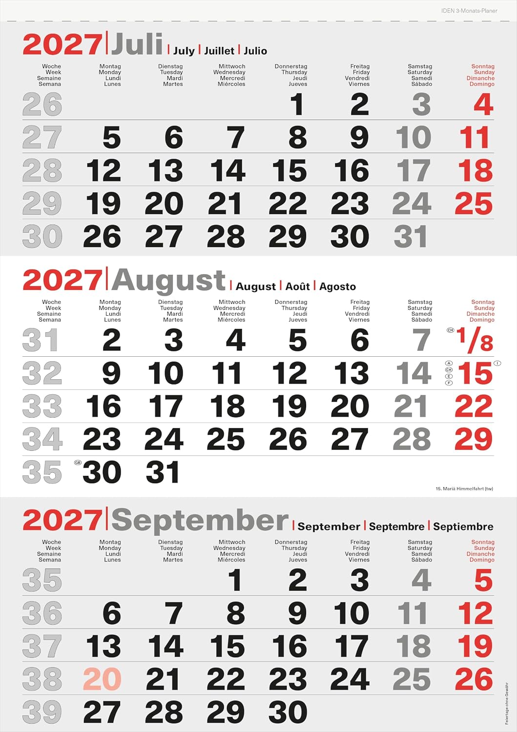 Idena 3 Month Calendar 2027 in Size 24 x 45 cm – Bild 4