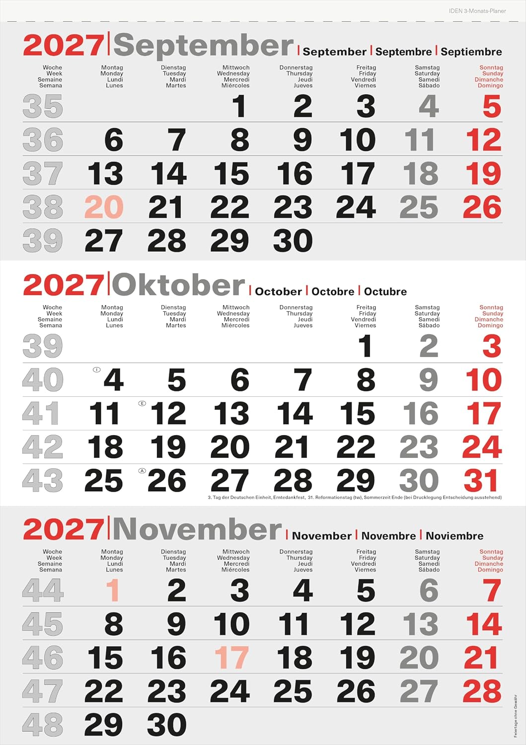Idena 3 Month Calendar 2027 in Size 24 x 45 cm – Bild 5