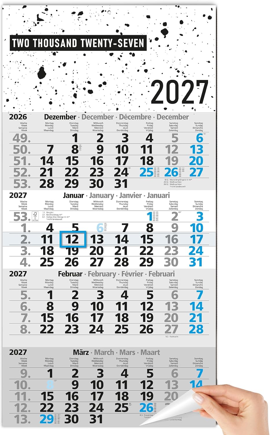 TOBJA® 4 Month Calendar 2027 Wall Calendar Design - Splatter Look with Blue Date Slider, FSC-Certified, 4 Languages DE/EN/FR/NL, 30 x 59 cm, for Office, Sales & Home Office