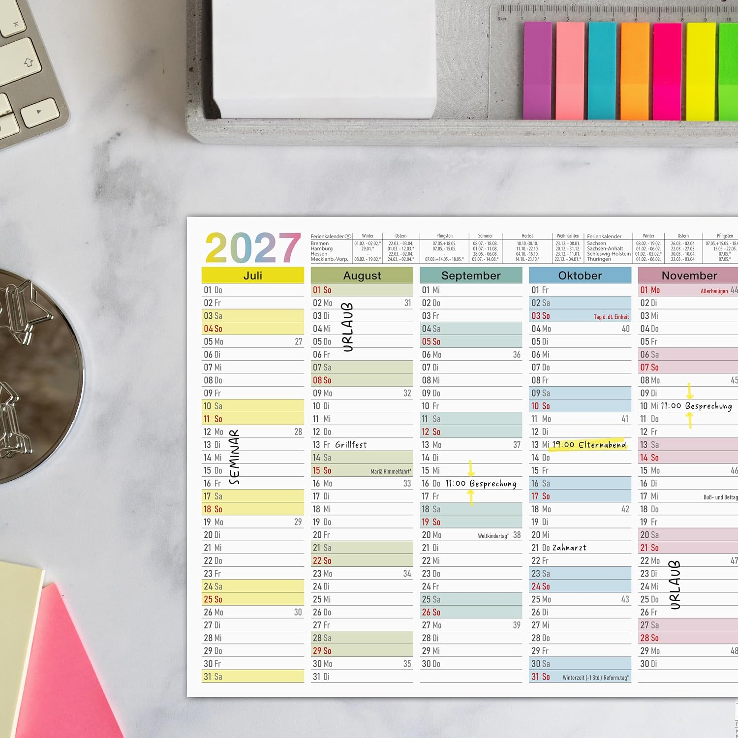 TOBJA® Blackboard Calendar 2027 Wipe-Clean - Wall Calendar 2027 A4 Colourful Includes 4 Pens - with Holidays, Holidays & KW, Rewritable Extra Thick Paper Calendar 2027 A4 Wipe-Clean – Bild 6