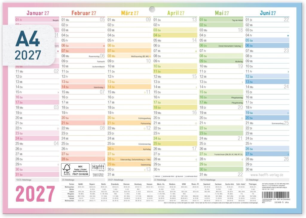 Häfft® Premium Chalkboard Calendar 2027 A4 Landscape with Holidays