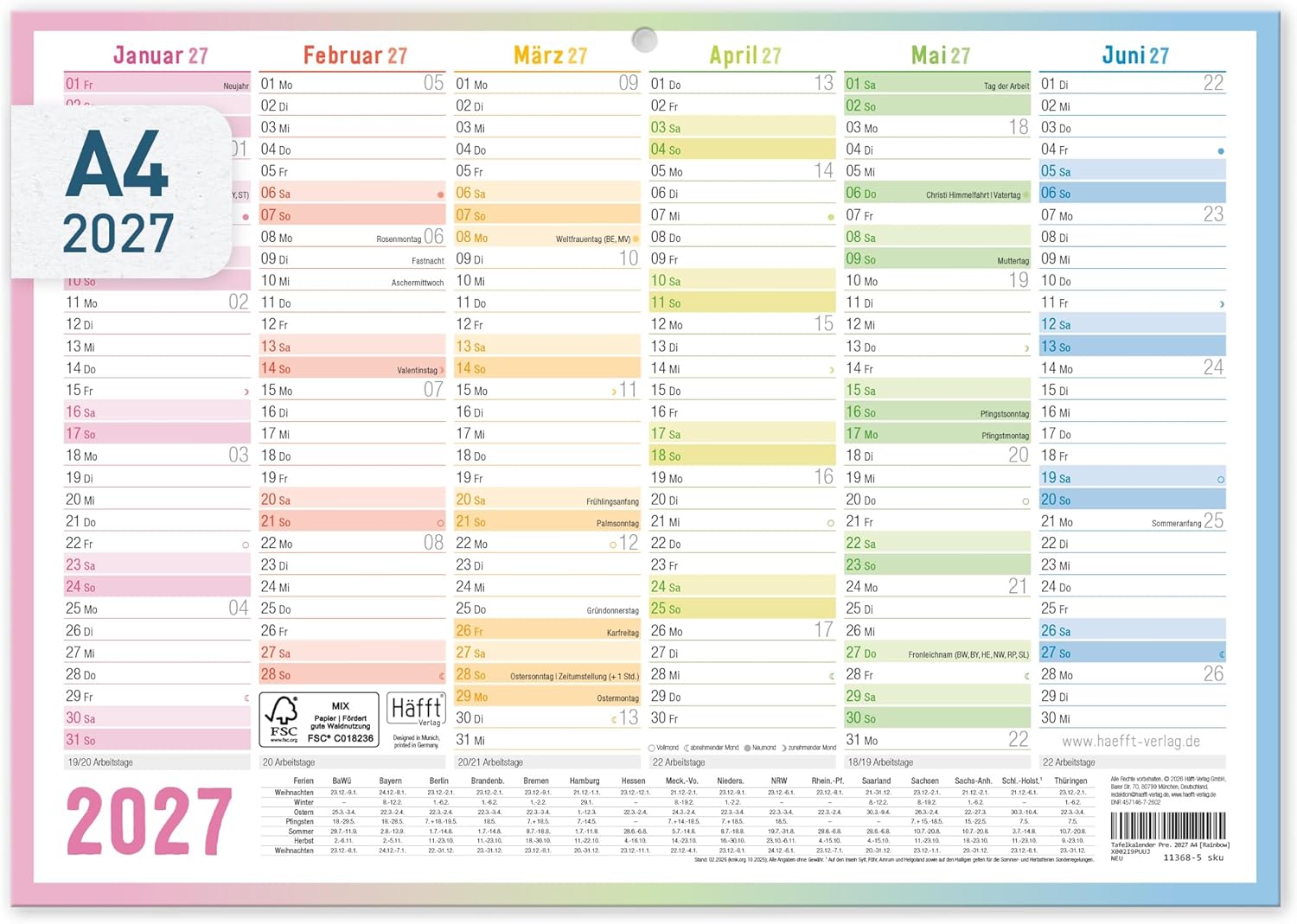 Häfft® Premium Chalkboard Calendar 2027 A4 Landscape with Holidays