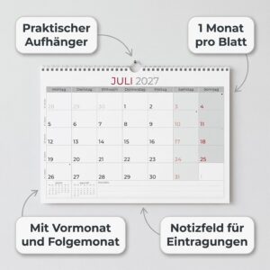 Alternative view of Monthly Appointment Calendar 1M/1S 2027: Wall Calendar A4 30 x 21 cm, 1 Month per Page, 16 Sheets, Wire Binding with Hanger, Week Counting, Pre- & Following Month, Sundays & Holidays