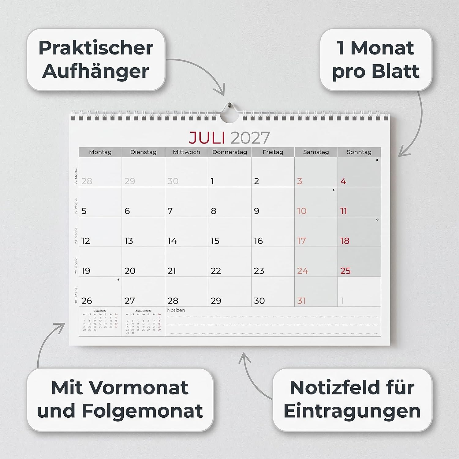 Monthly Appointment Calendar 1M/1S 2027: Wall Calendar A4 30 x 21 cm, 1 Month per Page, 16 Sheets, Wire Binding with Hanger, Week Counting, Pre- & Following Month, Sundays & Holidays – Bild 2