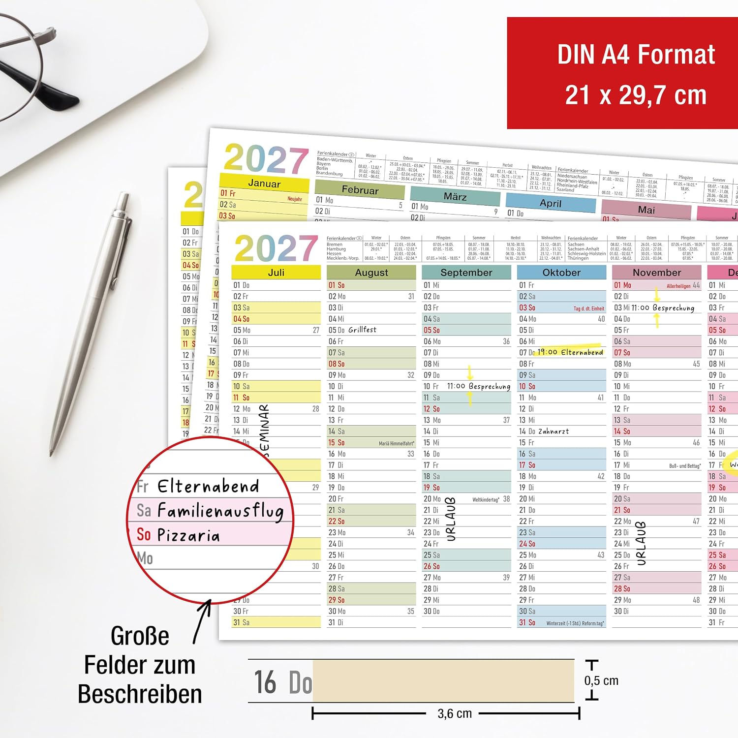 TOBJA® DIN A4 Blackboard Calendar 2027 Colourful for Family, Home Office & School - Half-Year Calendar with Holidays, Holidays & Calendar Weeks, 350 g/m² Paper, Wall Calendar Landscape Format, Set of – Bild 5