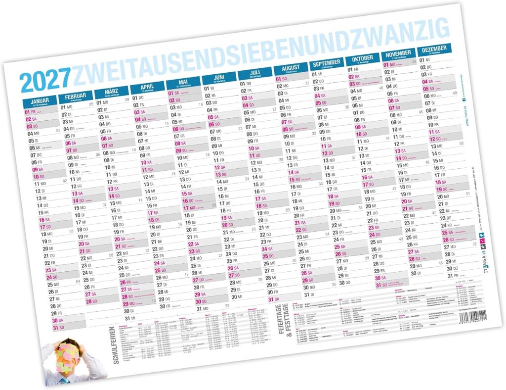 itenga Year Planner 2027 Blackboard Calendar Wall Calendar DIN A4 Sturdy Design Calendar Year