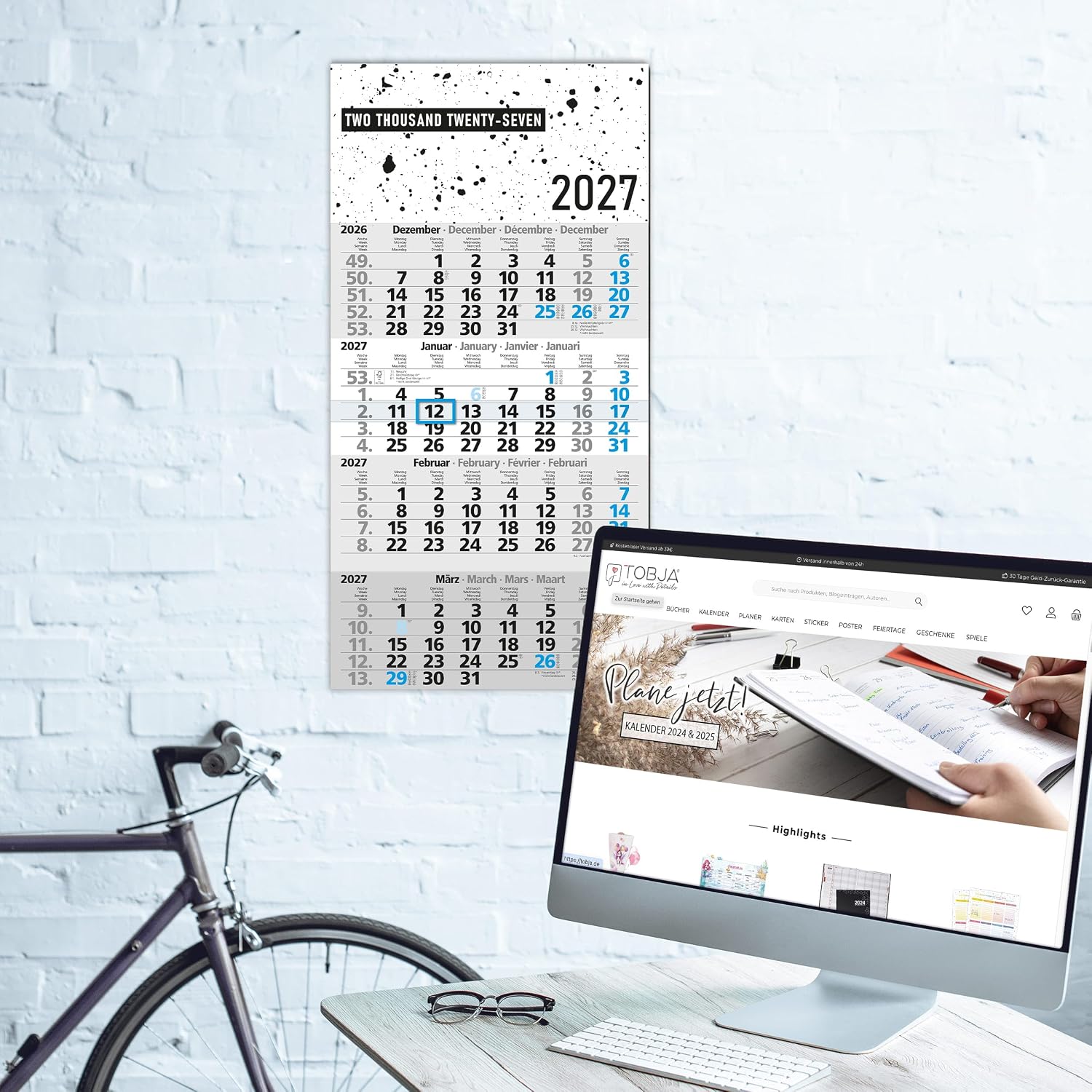 TOBJA® 4 Month Calendar 2027 Wall Calendar Design - Splatter Look with Blue Date Slider, FSC-Certified, 4 Languages DE/EN/FR/NL, 30 x 59 cm, for Office, Sales & Home Office – Bild 4
