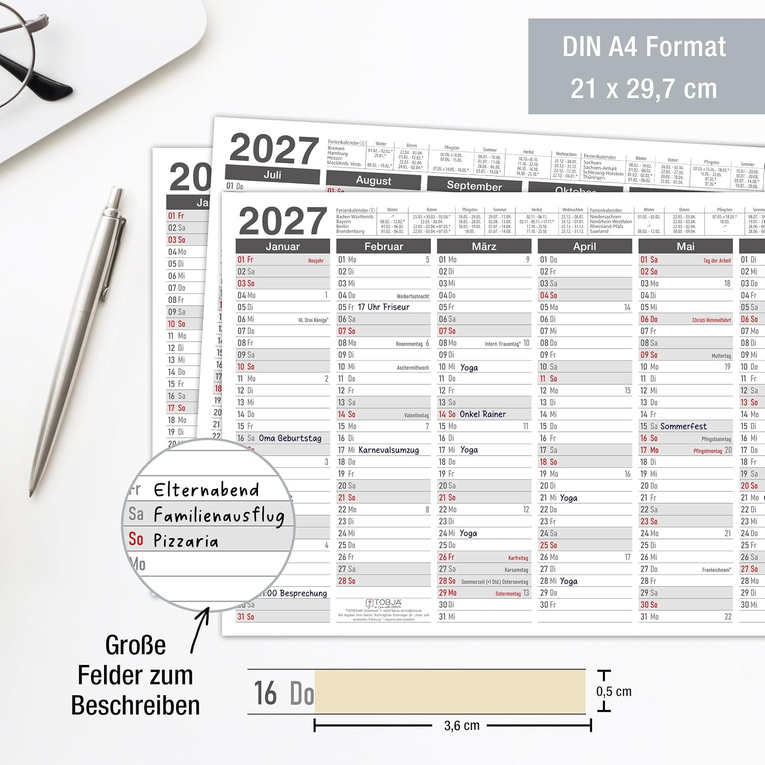 TOBJA® DIN A4 Blackboard Calendar 2027 Anthracite for Office, Law Firm & Architect, Year Planner with Holidays, Holidays & Calendar Weeks, 350 g/m² Paper, Wall Calendar Landscape Format, Set of 3 – Bild 5